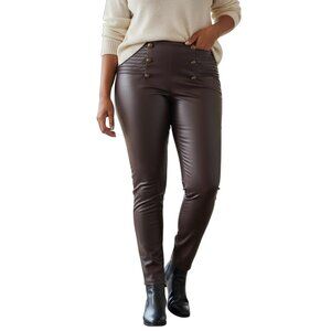 Shein XL High-Waisted Brown Faux Leather Button-Detail Pants